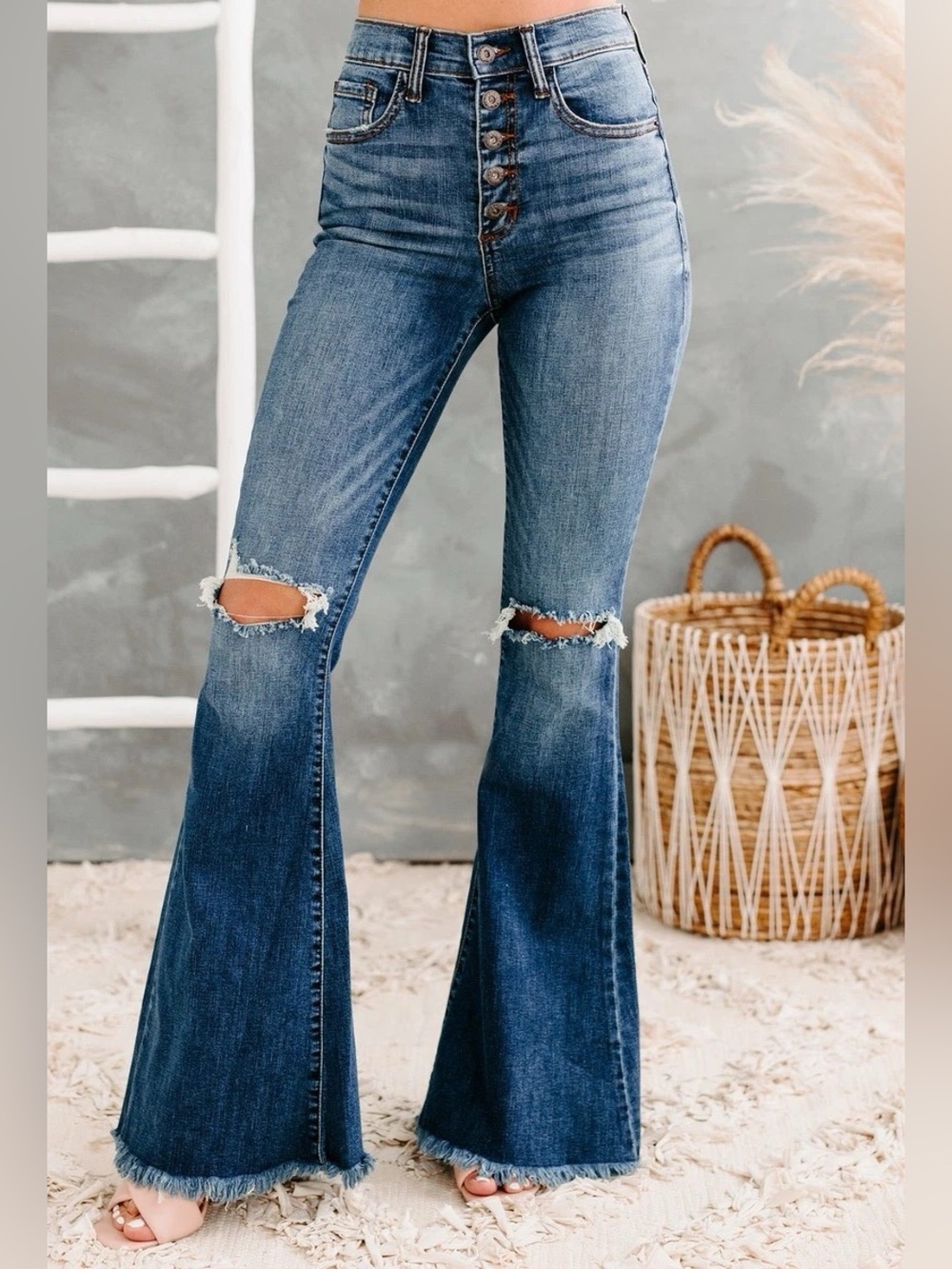 Sneak Peek High-Rise Distressed Flare Jeans - Blue